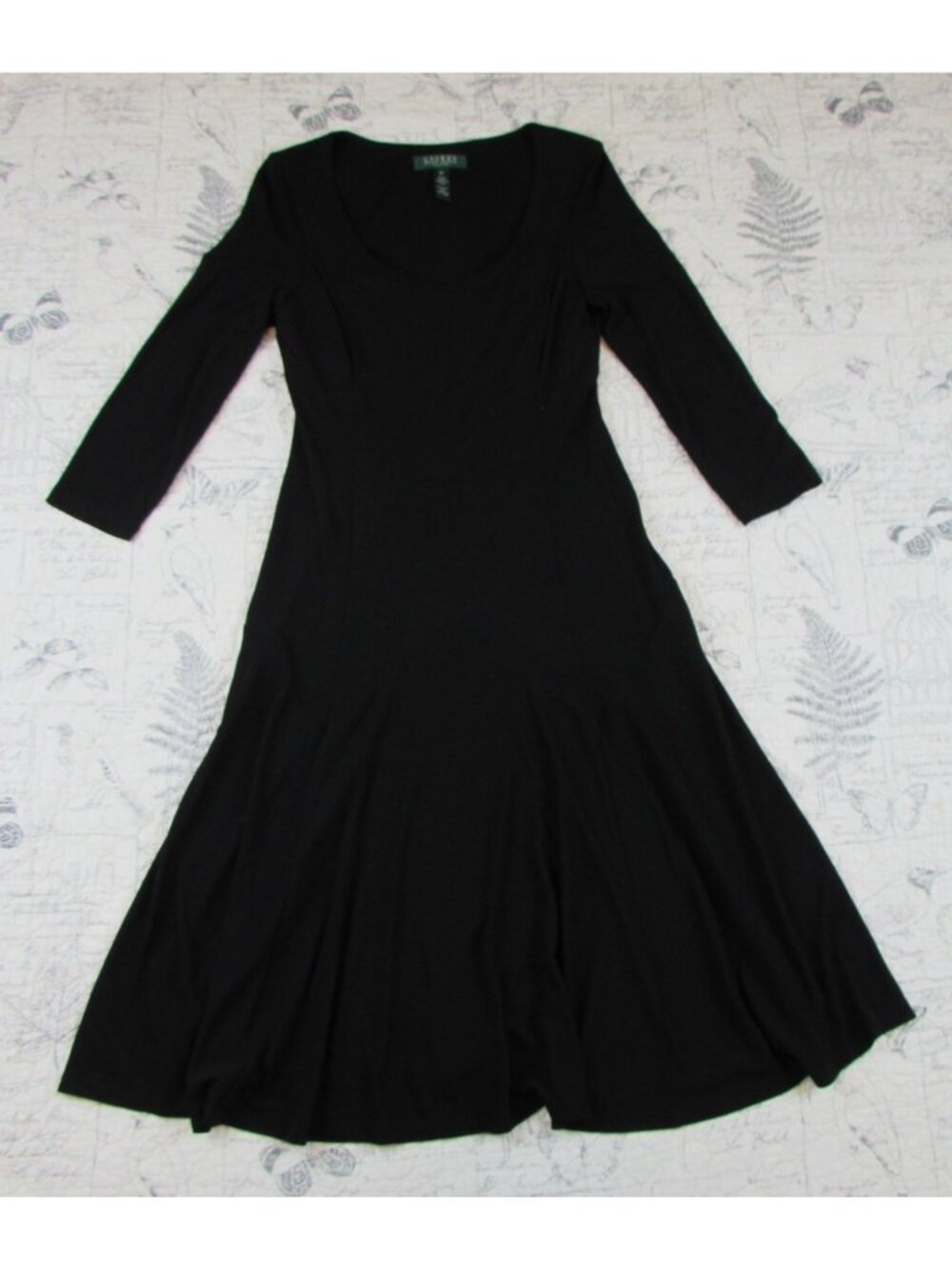 VNTG Ralph Lauren Midi Dress Women Black Stretch Fit Flare Scoop ¾ Sleeve 8P